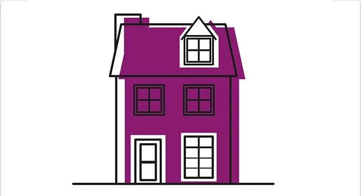 een tekening van een normaal huis in de kleur paars